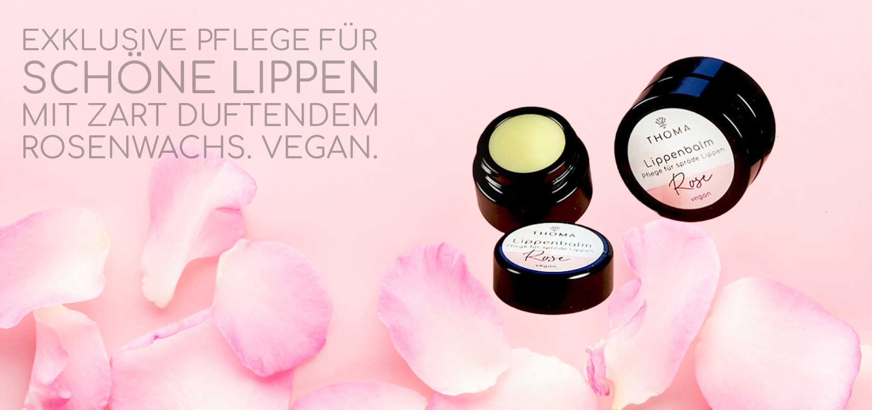 Exklusive Pflege für schöne Lippen: Lippenbalsam Rose von THOMA Naturkosmetik mit zart duftendem Rosenwachs – vegan und handgefertigt.